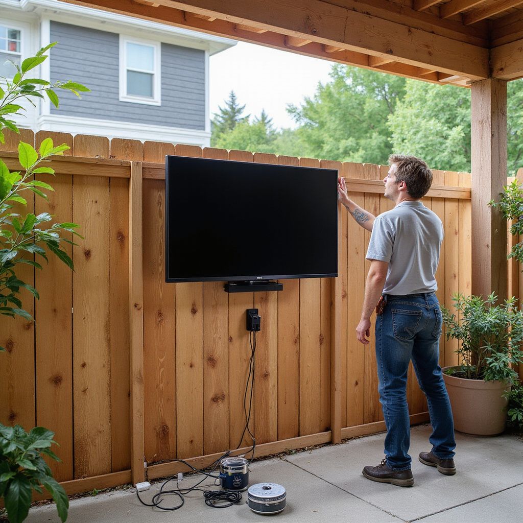 Man adjusts outdoor TV mounted on a wooden fence. 