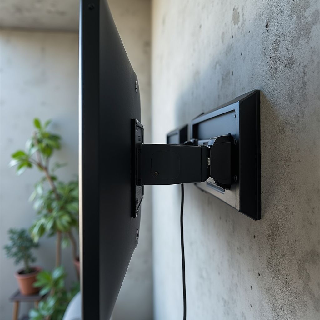 Black flat-screen TV mounted on a gray concrete wall, supported by an adjustable black arm. 
