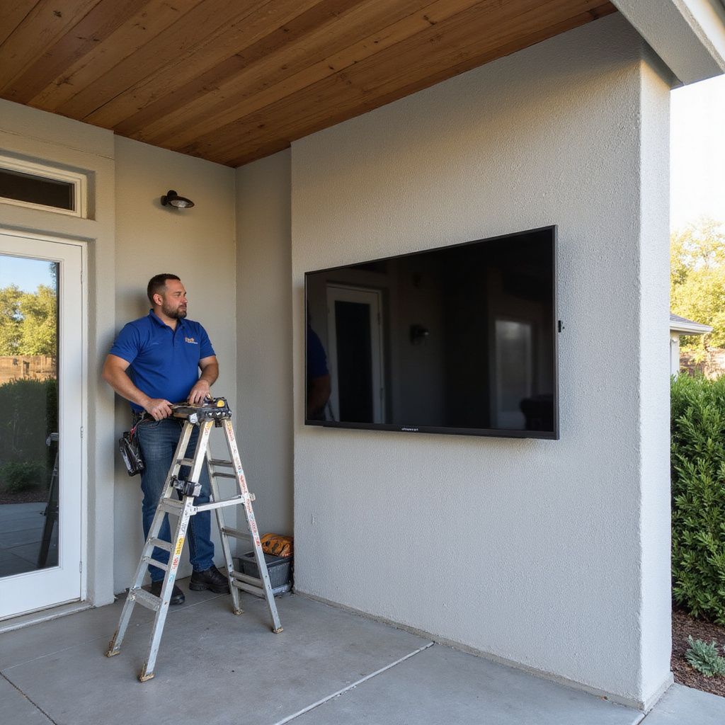 Man on ladder installing a large outdoor TV on a stucco wall.