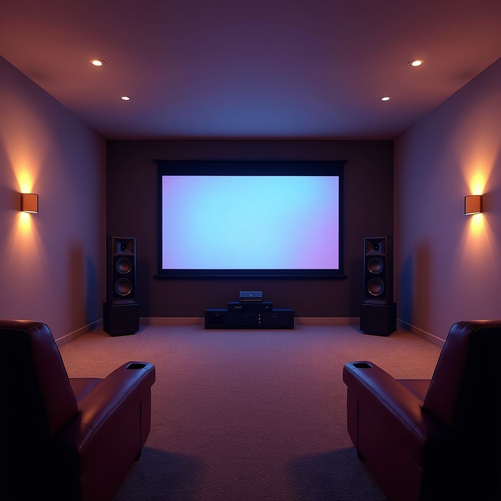 Home theater room with screen, speakers, recliners, and warm lighting.