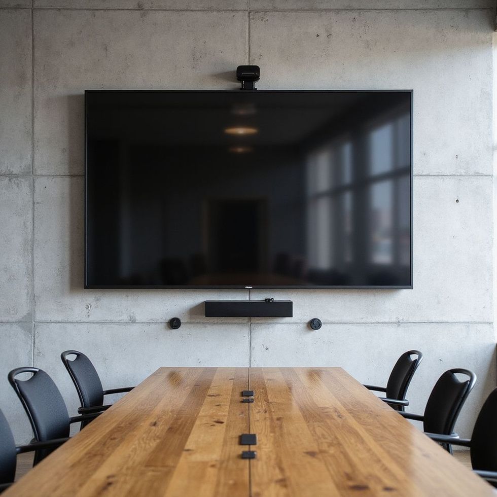 Conference room with a large screen, camera, soundbar, wooden table, and black chairs.