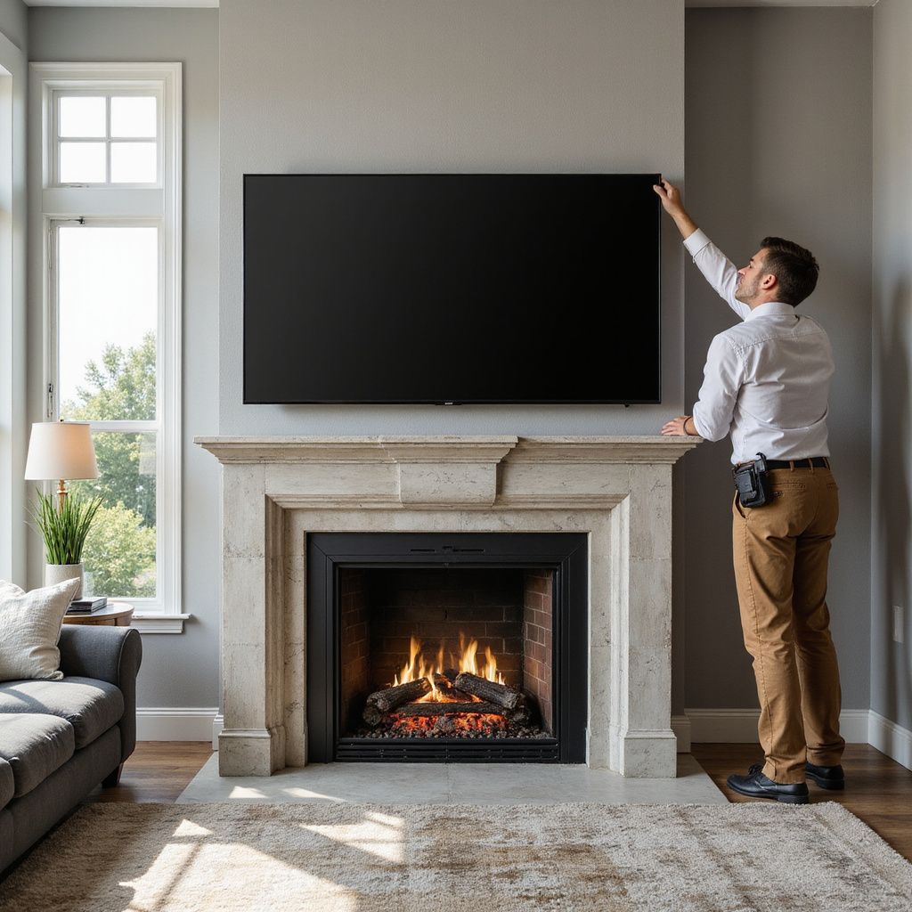 Man in a room adjusting TV above a fireplace. Room has a window, sofa, and rug. Fire is lit in the fireplace.