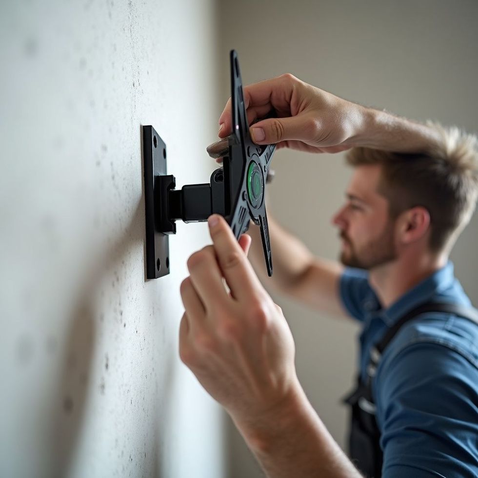 Man installing a wall-mounted TV bracket on a white wall, hands focused.
