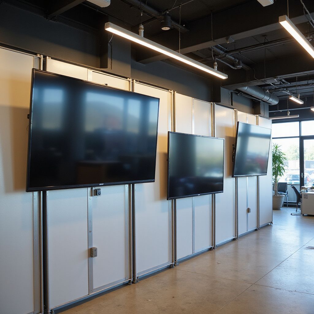 Wall with three large black TVs mounted above white cabinets, in a modern office.