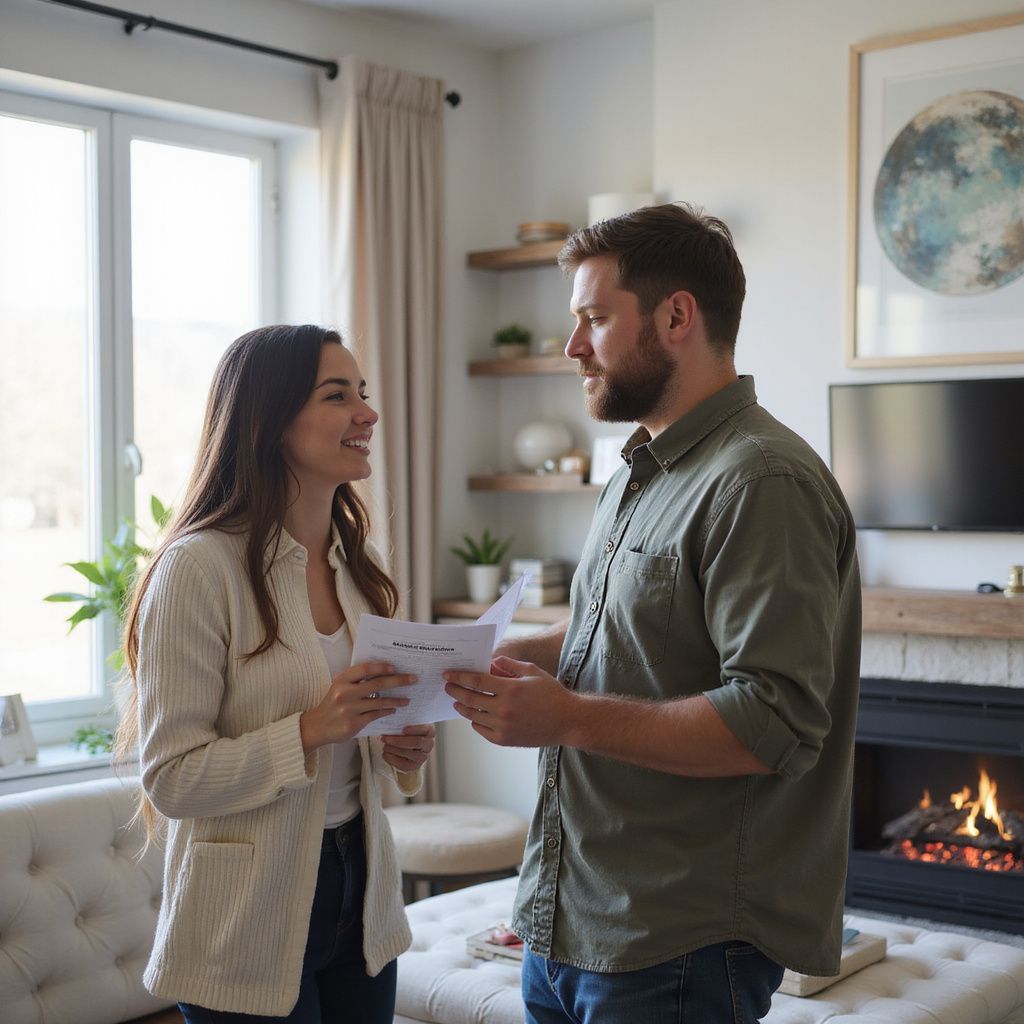 Couple in living room, smiling, reviewing paperwork near fireplace.