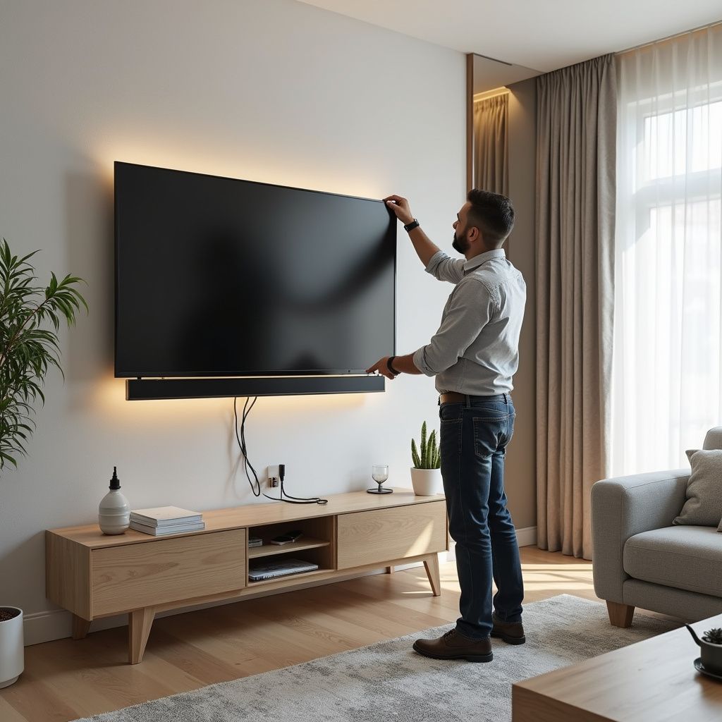 Man adjusts the top edge of a large TV mounted on a wall with glowing lights. 
