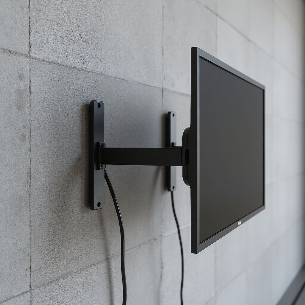 Black monitor mounted on a concrete wall with articulating arm and visible cables.