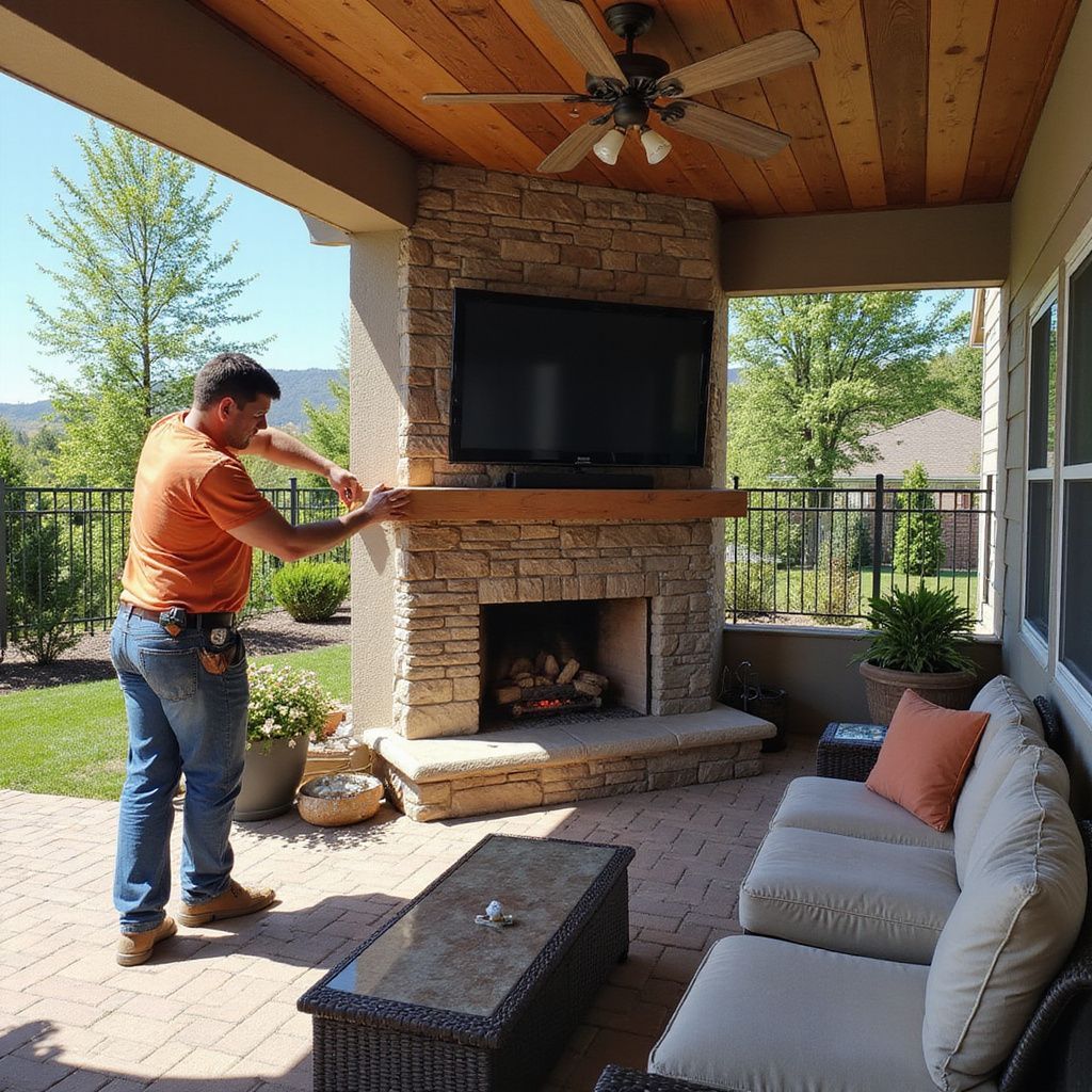 Man installing a wooden shelf above a fireplace on a patio with TV and seating.