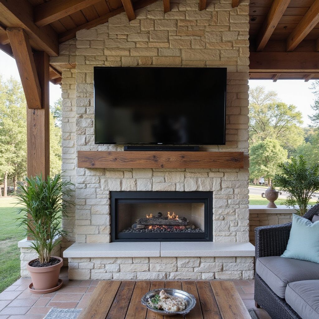 Outdoor stone fireplace with TV, wooden mantel, and seating area.
