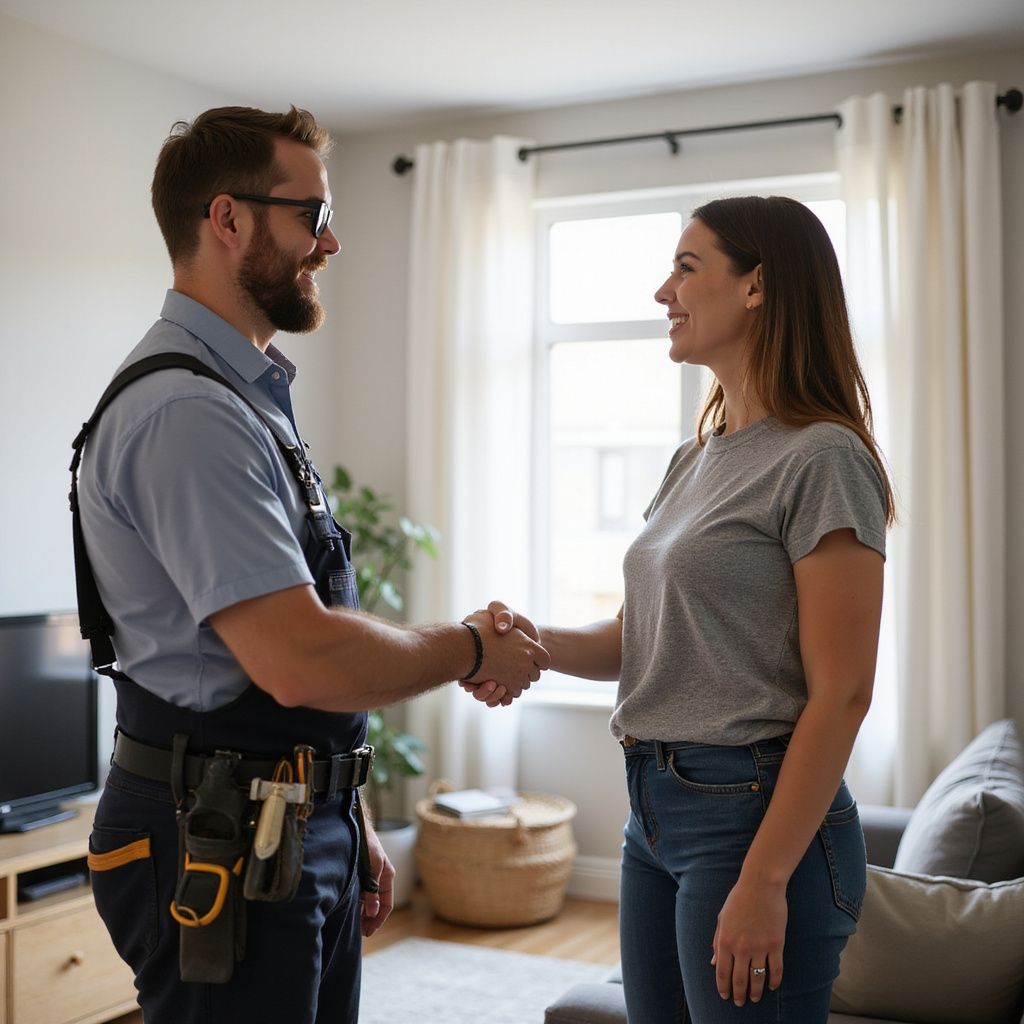 Handyman shaking hands with a woman in a living room, smiling.