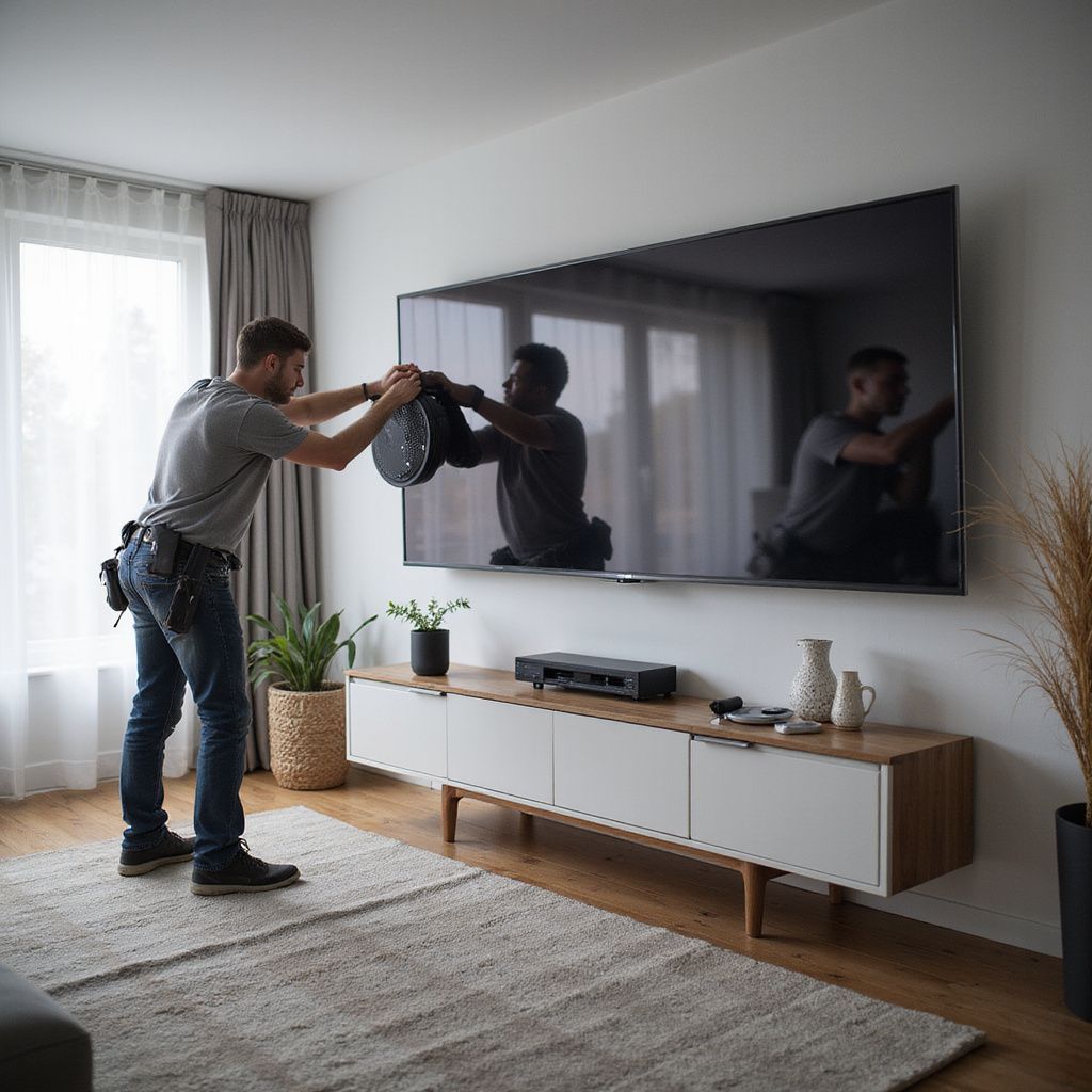 Man mounting a speaker below a large TV on a white wall.
