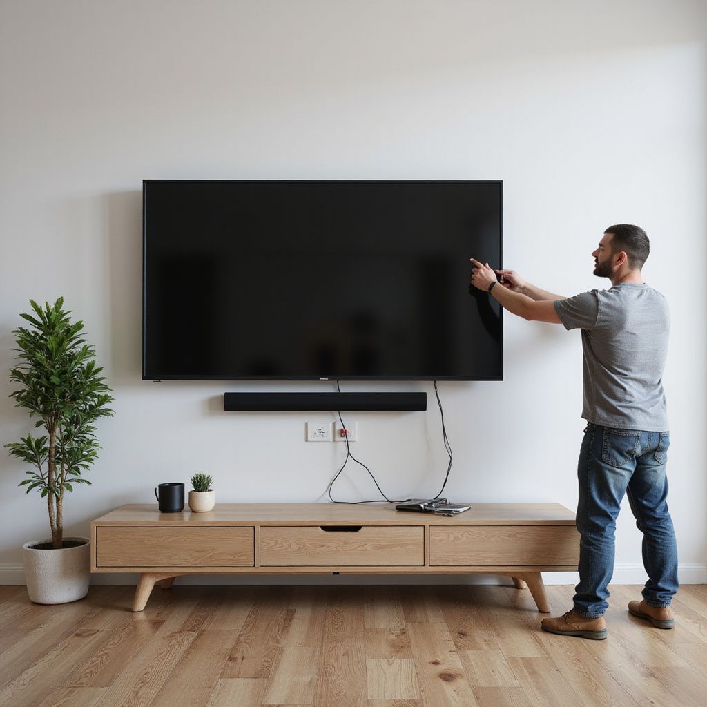 Man adjusting a large, wall-mounted TV over a wooden console. A soundbar and plant are also present.