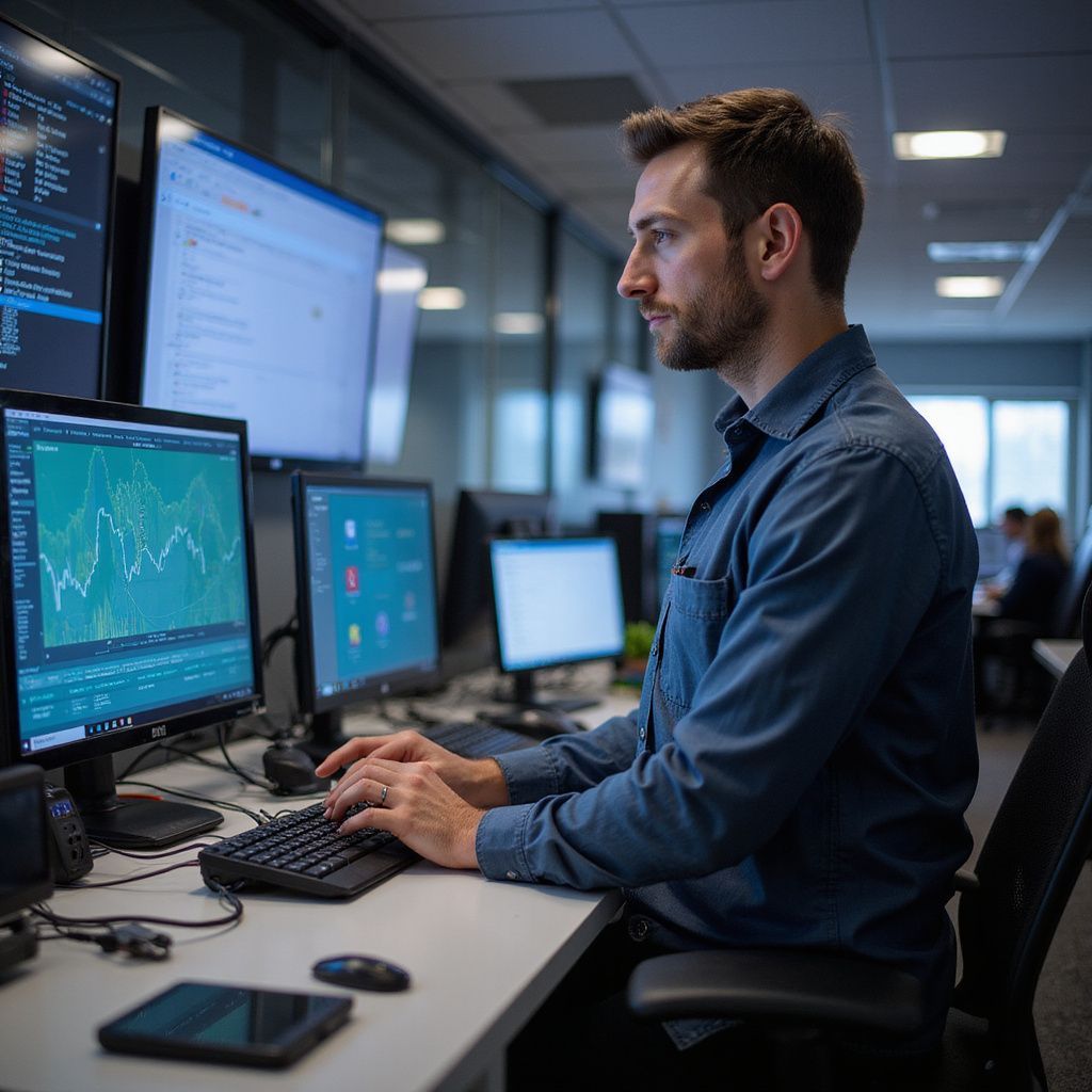 Man in blue shirt typing at a computer in a brightly lit office with multiple monitors displaying data.