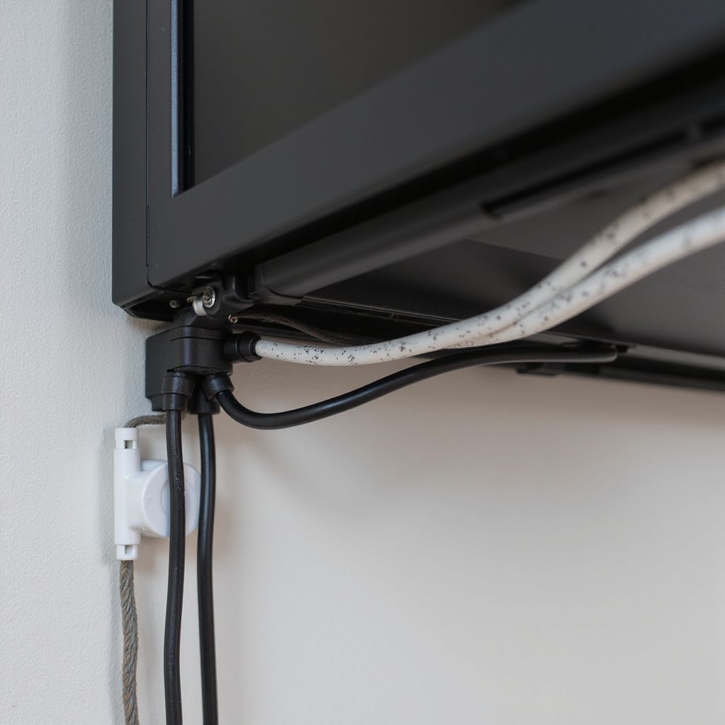 Close-up of mounted TV with visible black cables and white power outlet on a white wall.