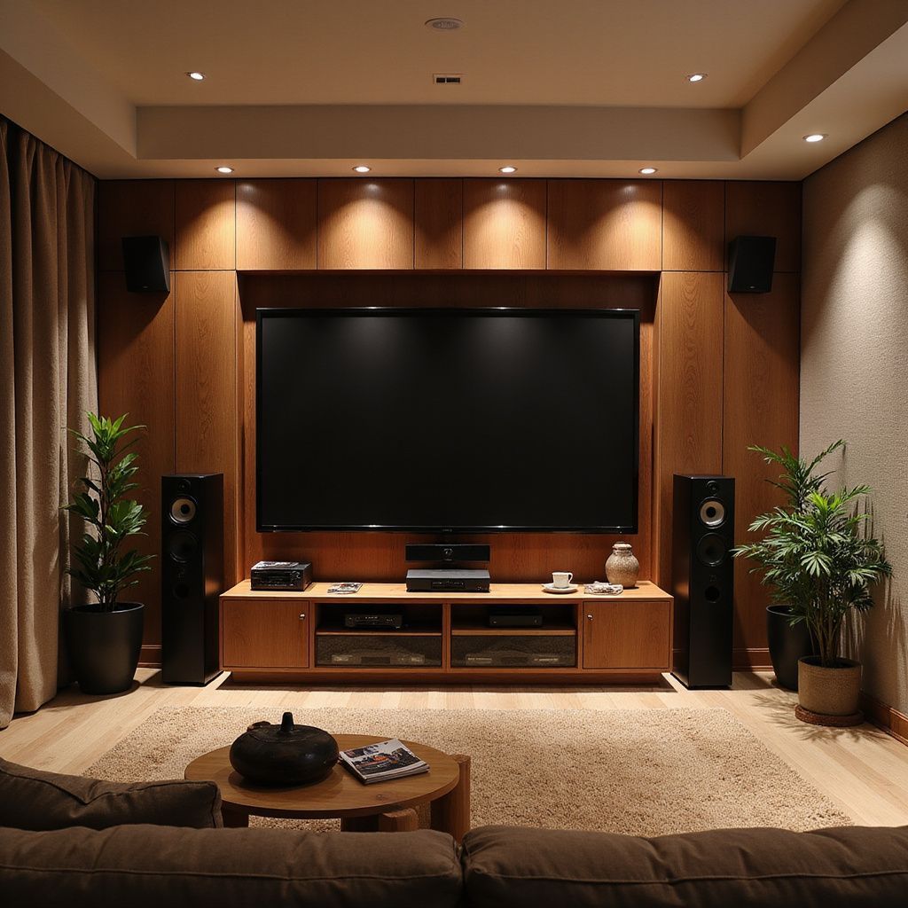 Home theater with large screen, speakers, and wooden paneling. Beige carpet, plants, and sofa.