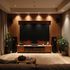 Home theater with large screen, speakers, and wooden paneling.