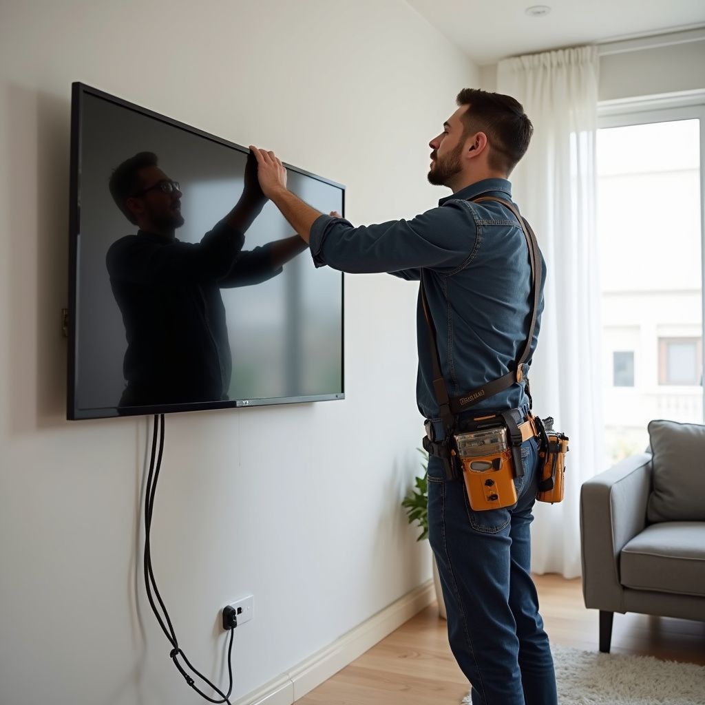 Man in work belt adjusts a mounted TV on a white wall in a living room.