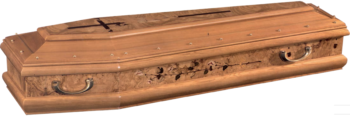 Una bara di legno con una croce sul coperchio su uno sfondo bianco.