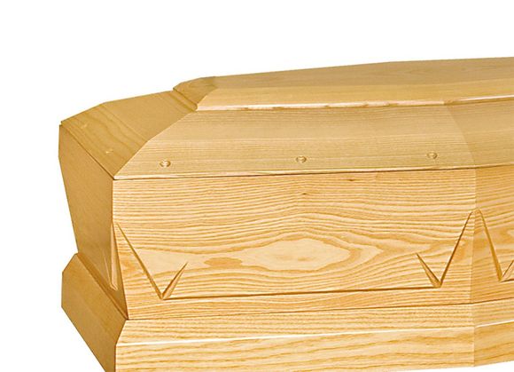 Una bara di legno è appoggiata su una superficie bianca