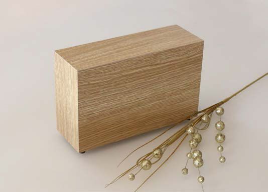 Urna cineraria in legno  è appoggiata su un tavolo accanto a una pianta.