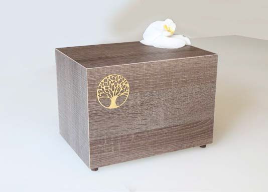 Urna cineraria in legno con un albero e un fiore sopra.