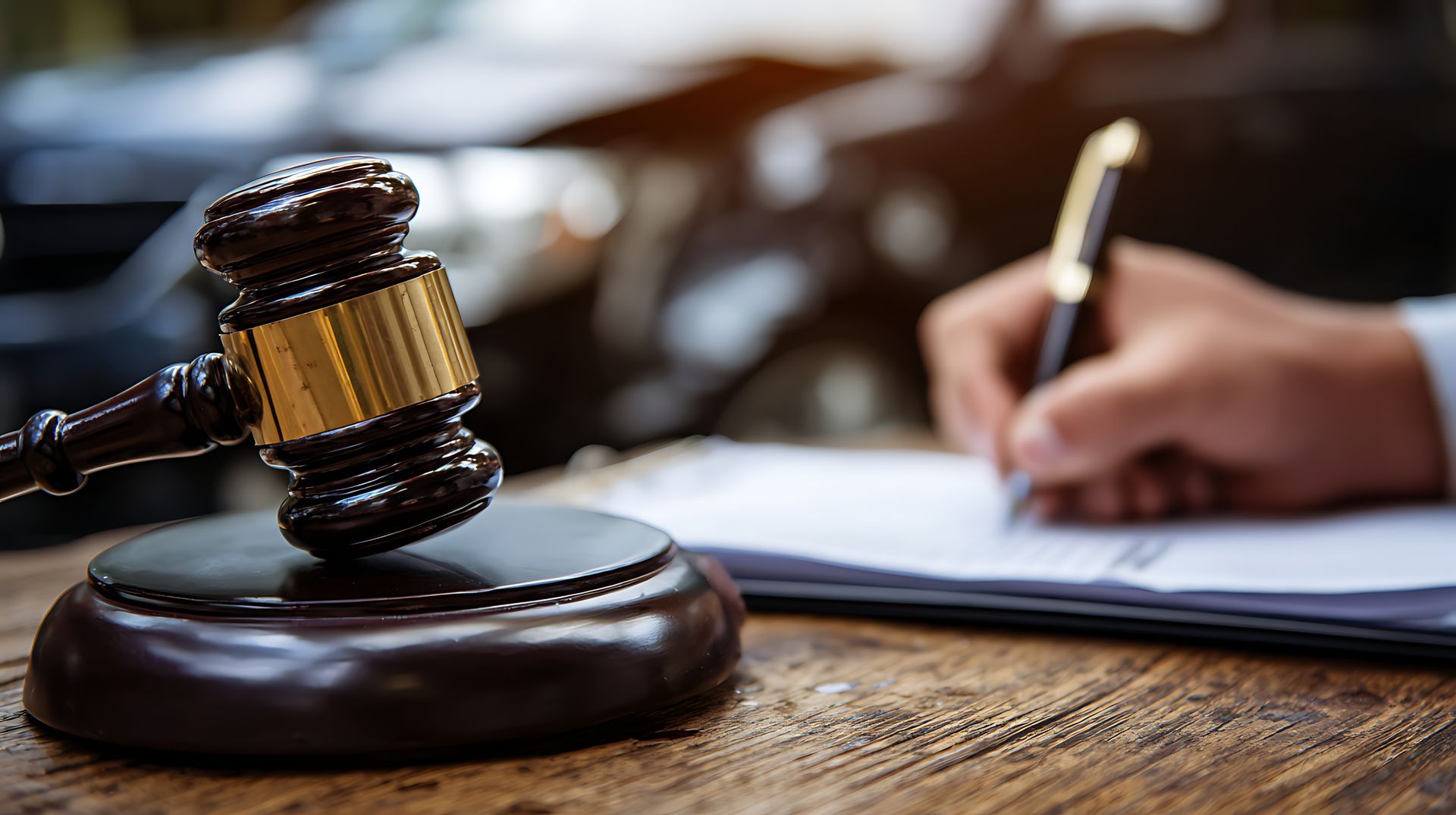 Judge gavel on a wooden desk beside a hand writing on paper in a courtroom setting