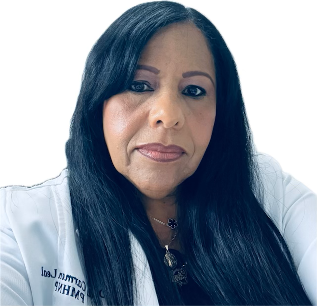 A woman wearing a white lab coat with the name laura on it