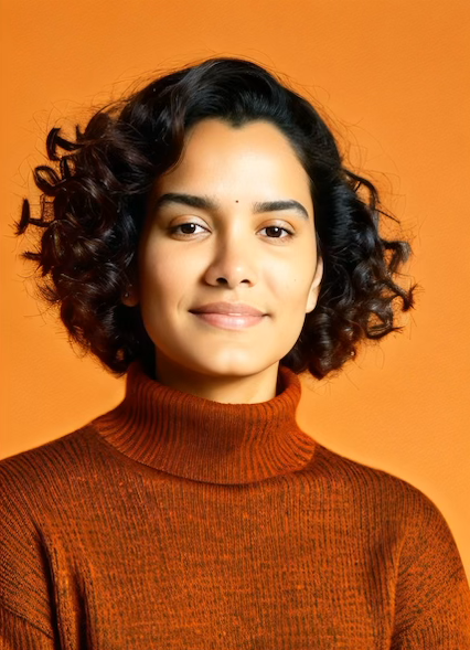 A woman with curly hair is wearing an orange sweater