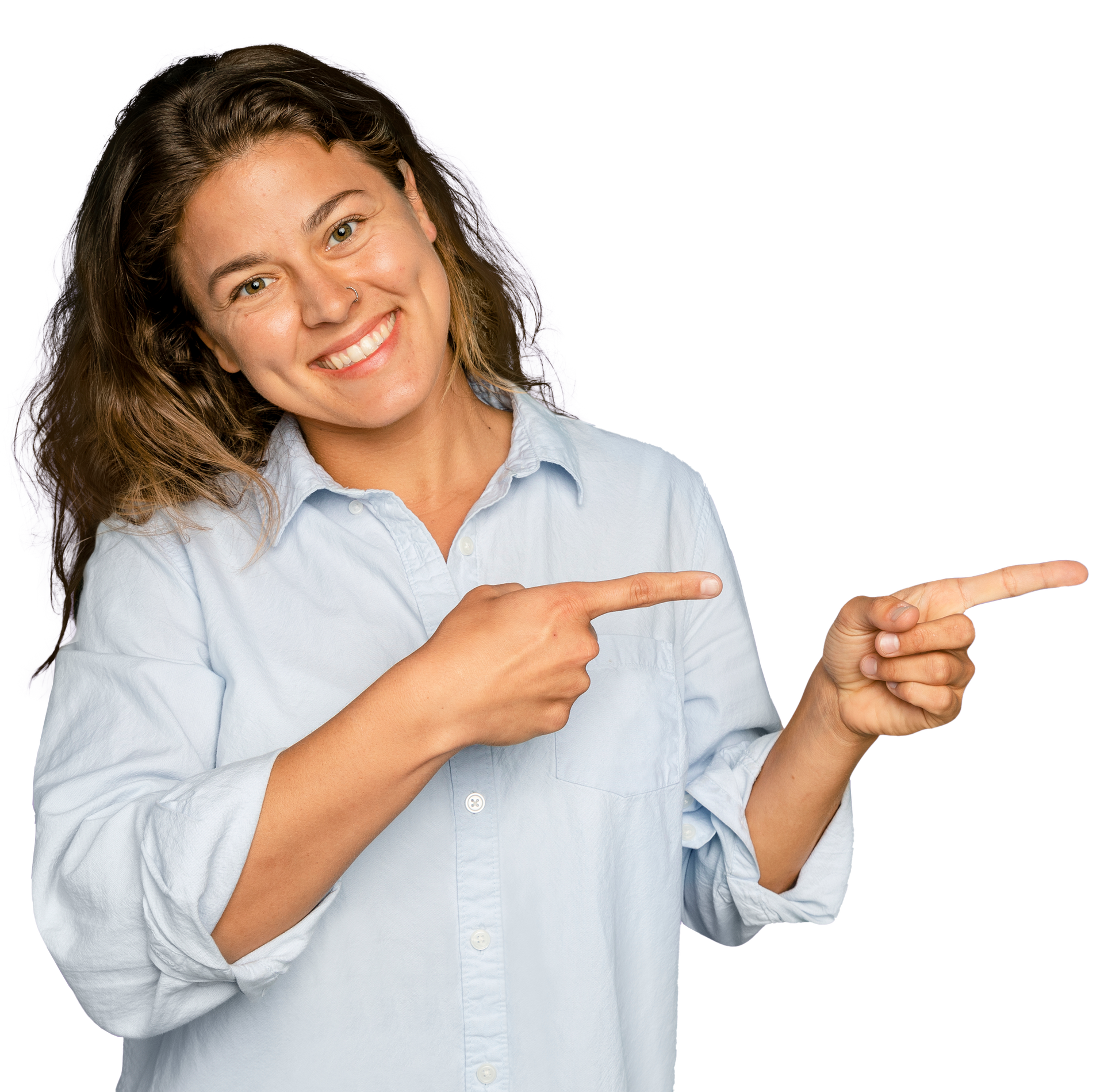 A woman is pointing to the side with her finger.