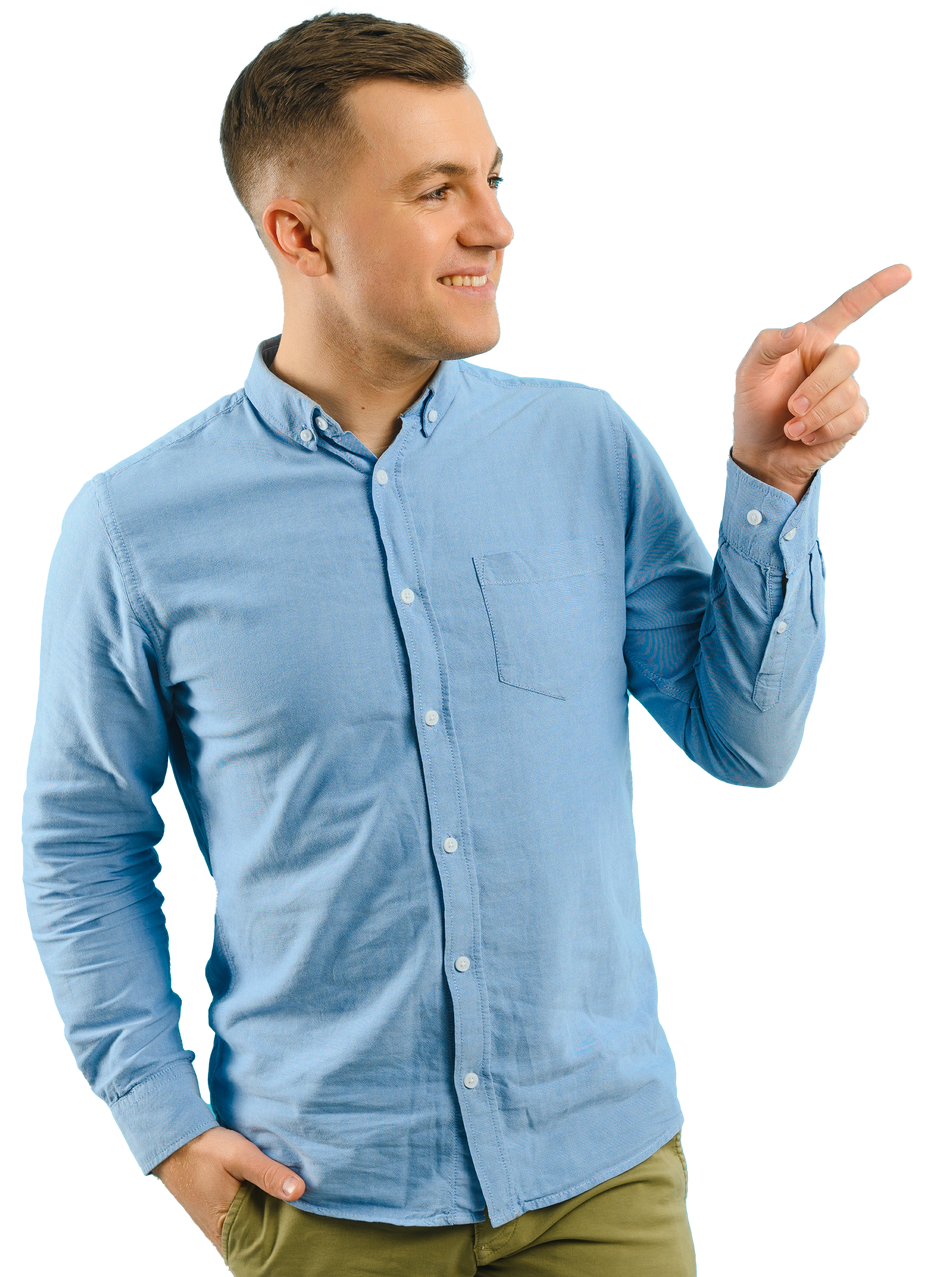 A man in a blue shirt is pointing at something