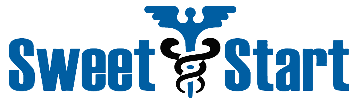 A blue logo for sweet & start with a medical symbol