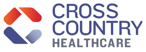 A logo for cross country healthcare with a red , blue and white circle.