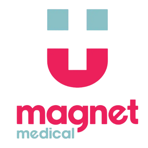 A logo for magnet medical with a red u and blue squares
