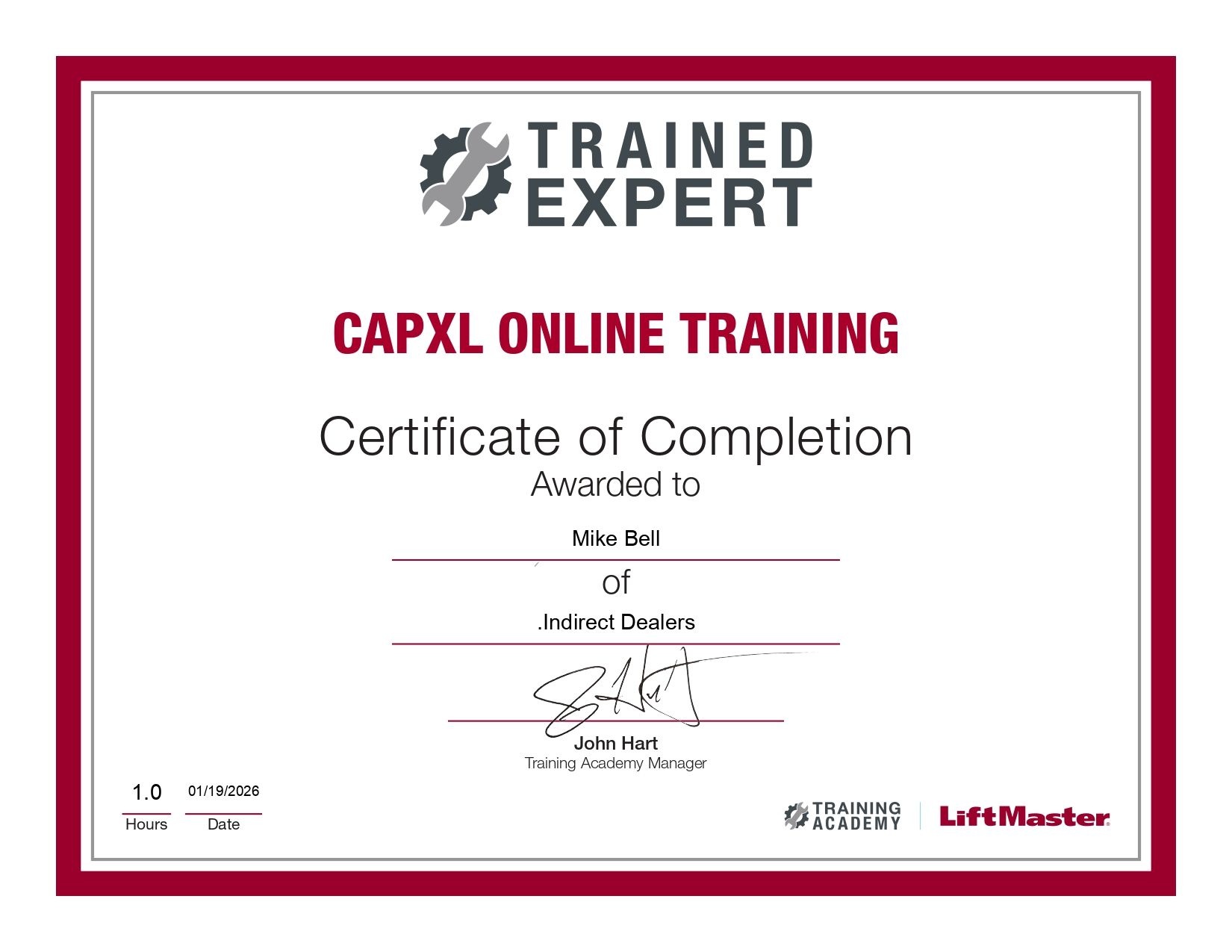 Certificate of Completion for CAPXL online training, white background, with a red border. Signed by an authorized representative.
