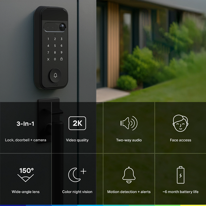 A sleek black smart lock with a keypad and camera, displayed with icons highlighting its 2K video and security features.