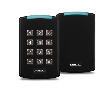 Two black LiftMaster keypads with number buttons and a blue top strip.