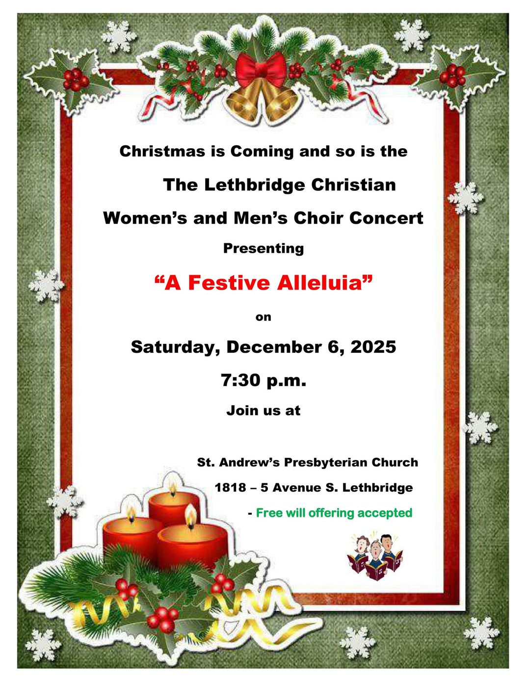 Flyer for a Community Christmas Concert at Trinity United Church in Picture Butte. Includes date, time, and address.
