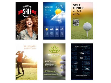 Eine Collage aus verschiedenen Anzeigen, darunter eine Golf spielende Frau und ein Golfball auf einem Abschlag.