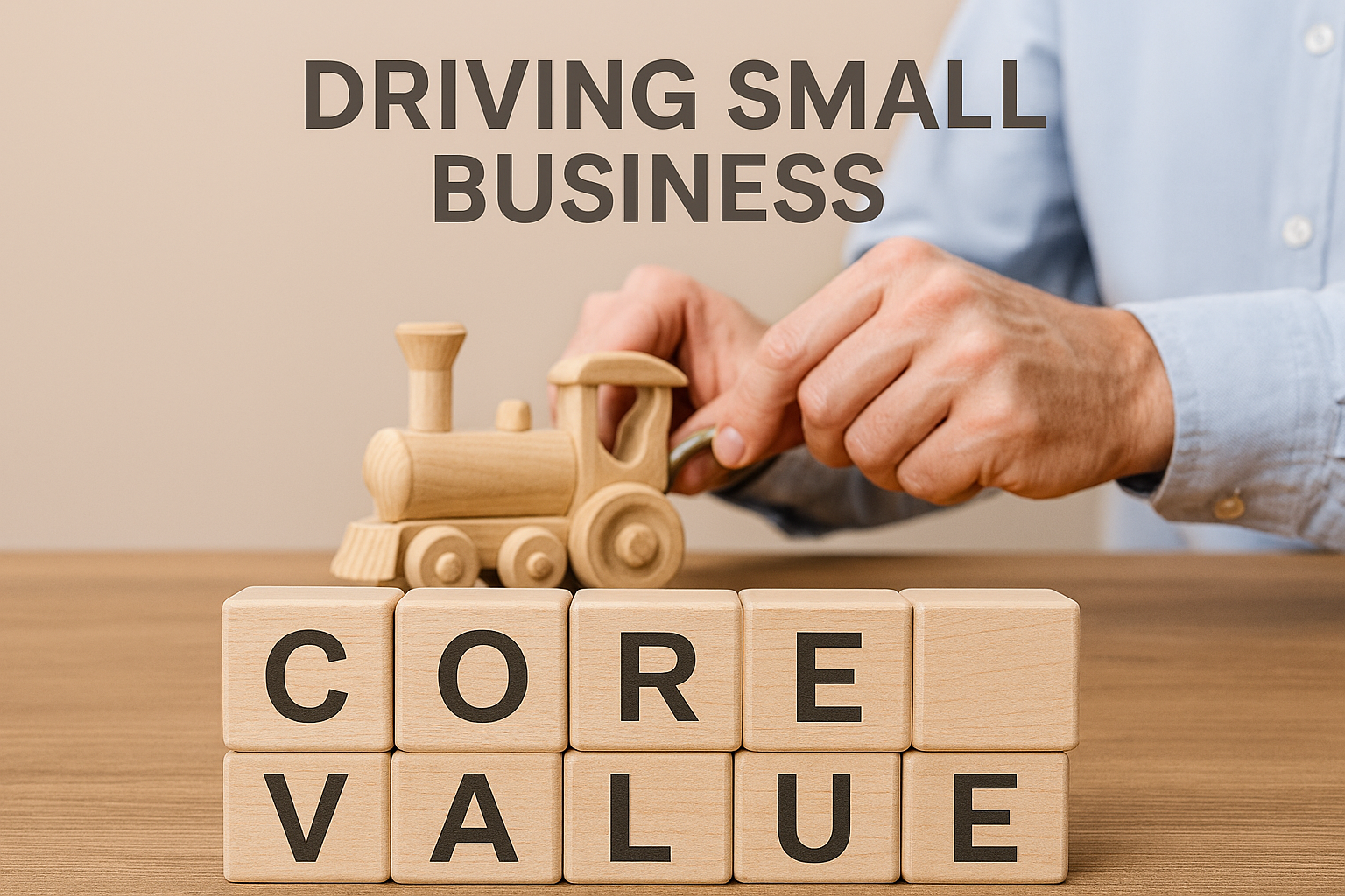 Hands adjusting a wooden train on blocks spelling