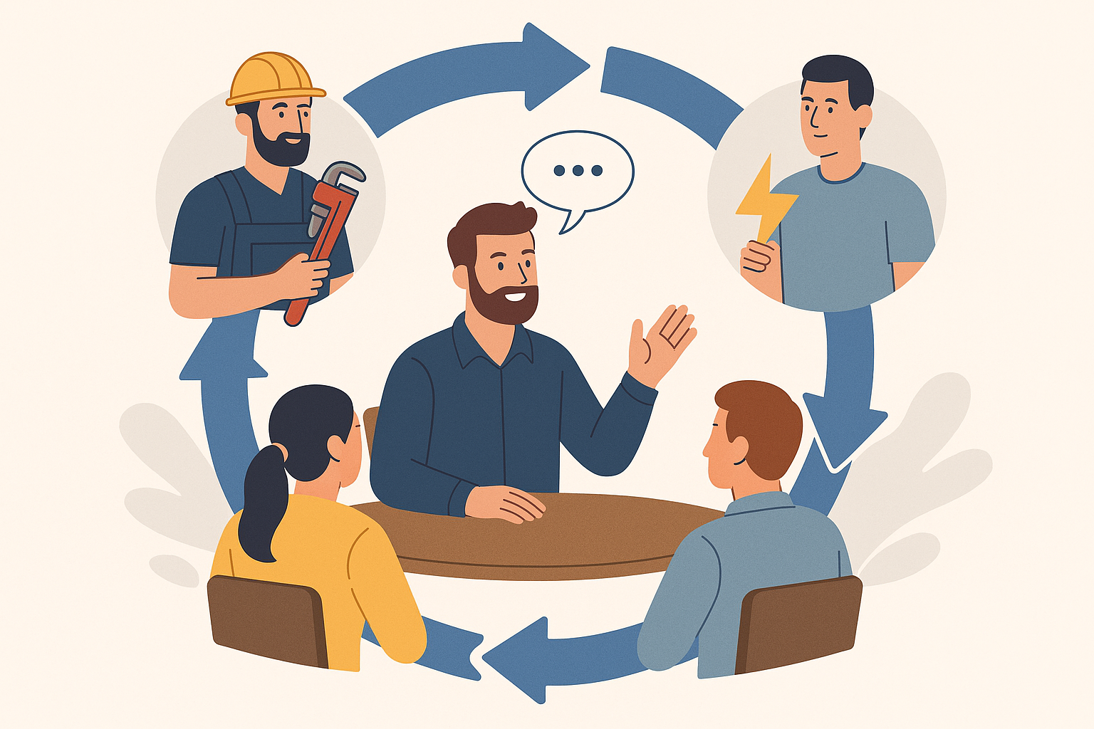 Team meeting: five people seated around a table, one speaking, others listening, with circular arrows symbolizing collaboration.