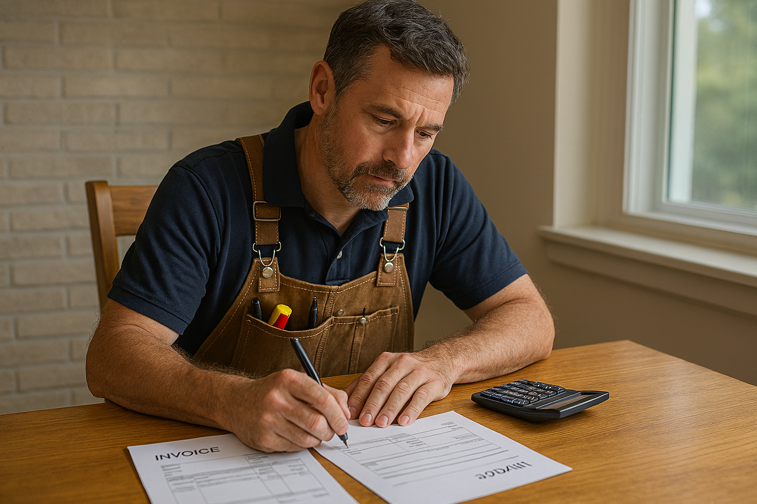 Man in workwear, sitting at a table with invoices and a calculator, writing with a pen.