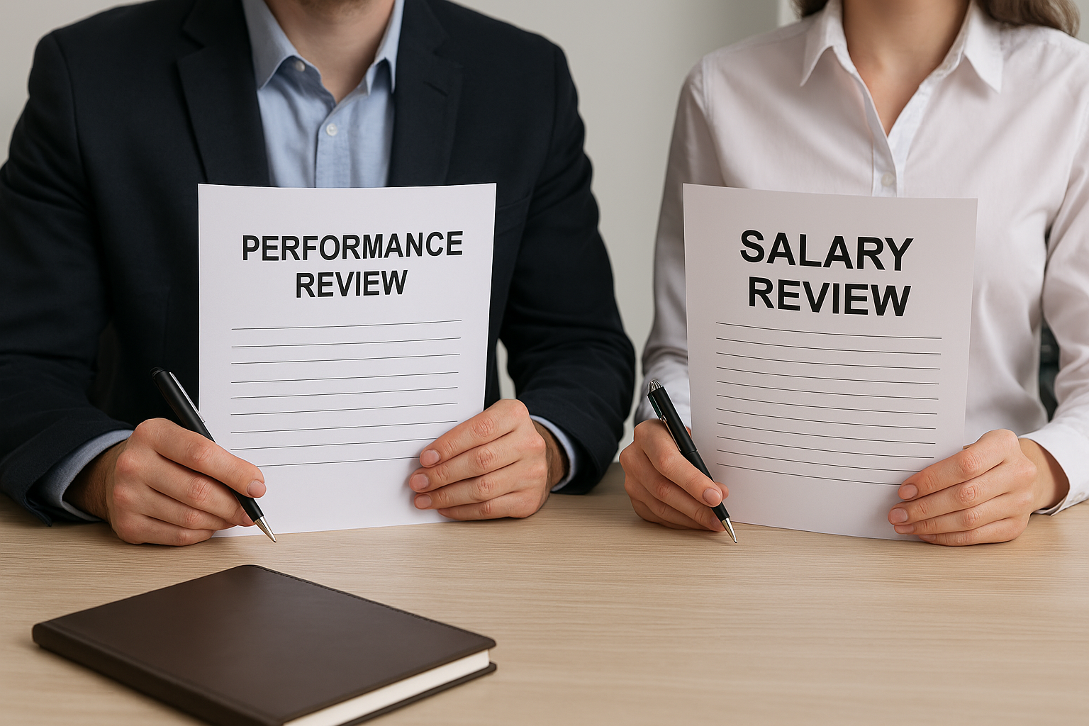 Team meeting: five people seated around a table, one speaking, others listening, with circular arrows symbolizing collaboration.