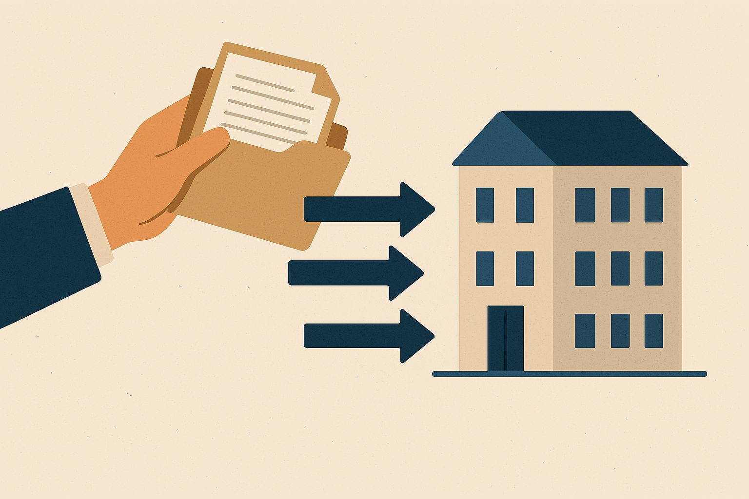 Hand with documents sending them to a building via arrows.