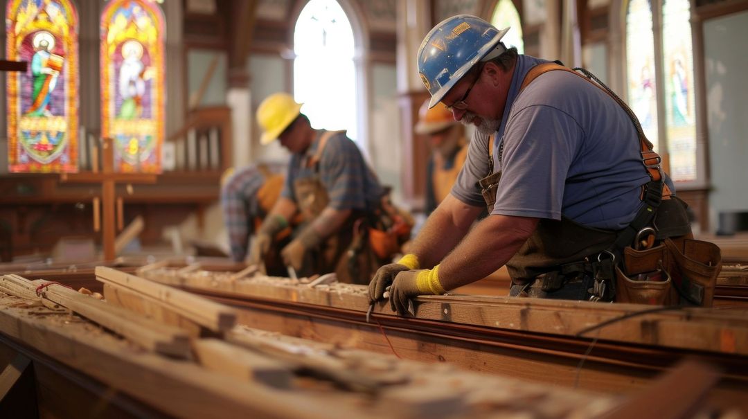 A group of construction workers are working on a wooden structure in a church.