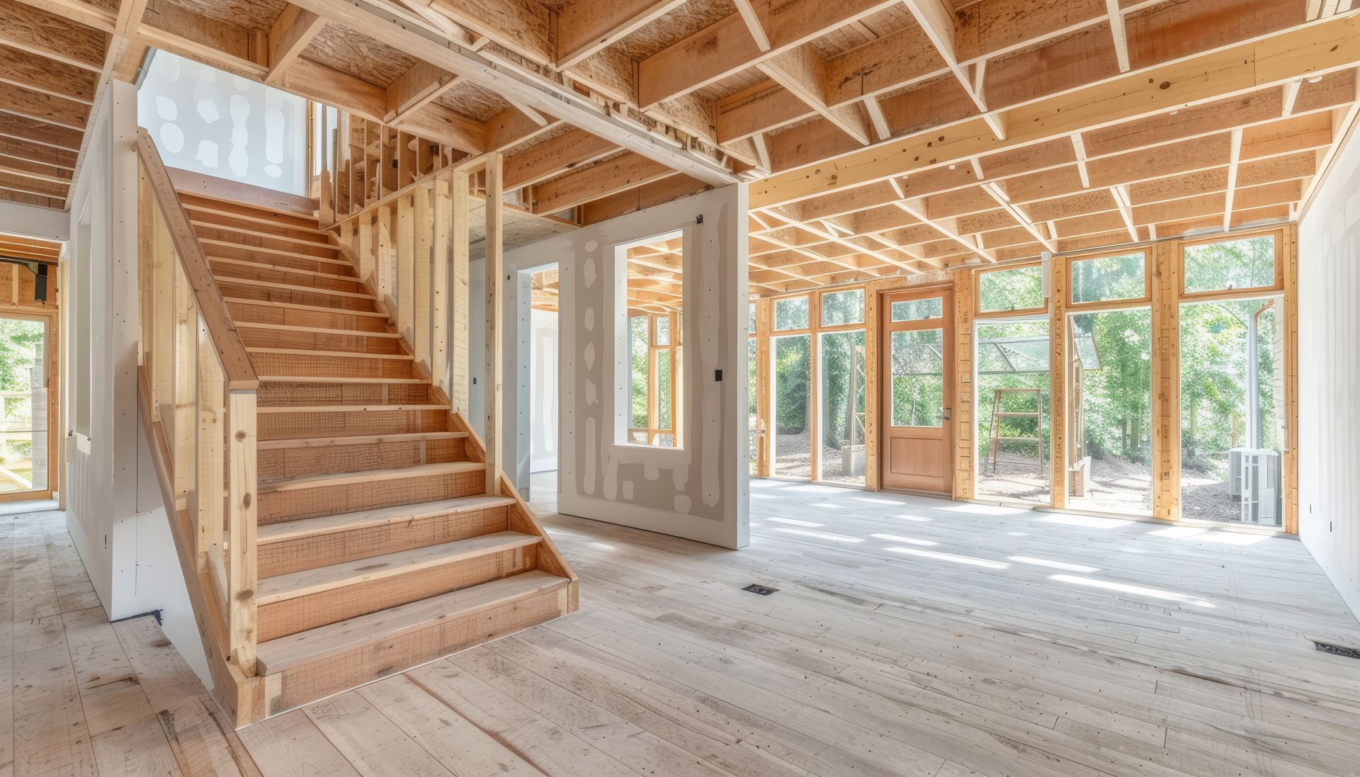 A wooden staircase in a house under construction.