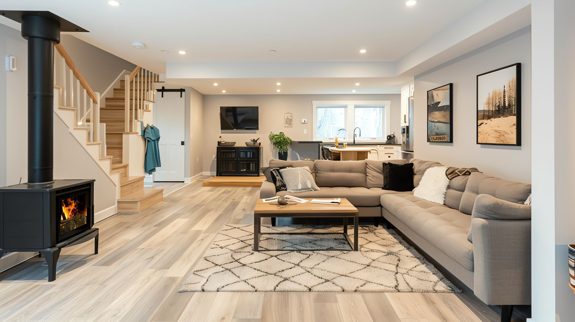 A living room filled with furniture and a fireplace.