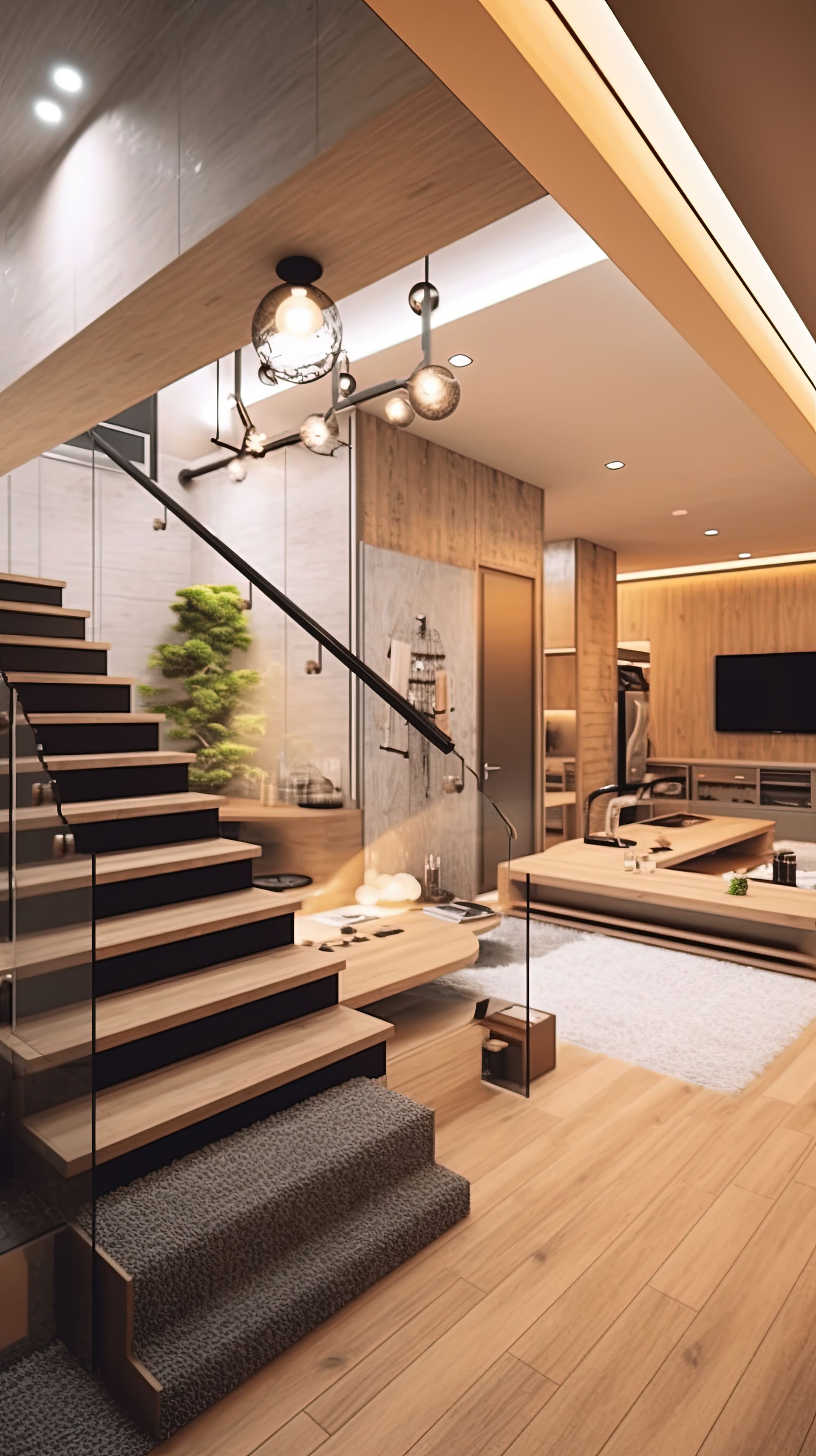 A living room with a staircase leading up to the second floor.