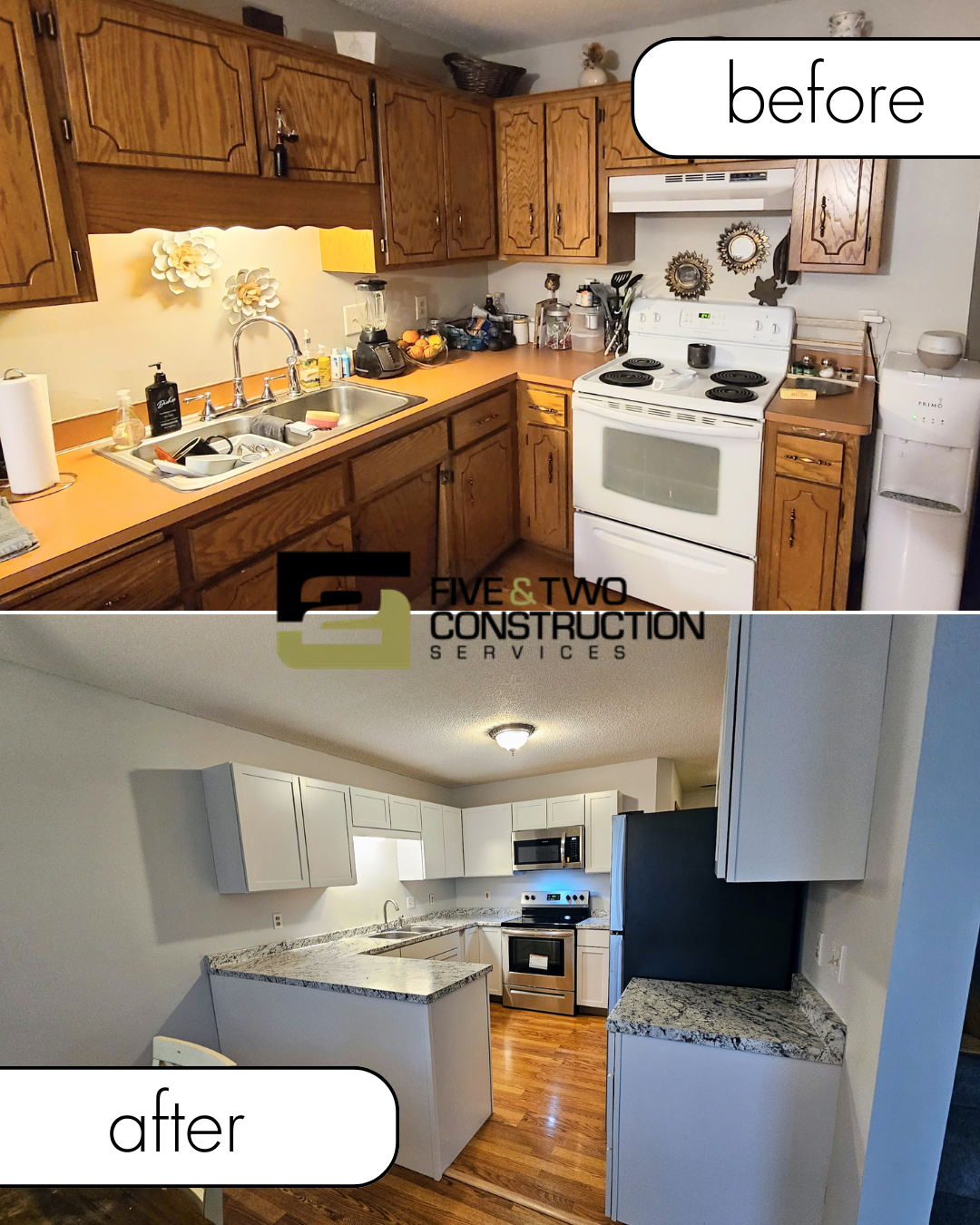 A kitchen with a sink and a bowl of fruit on the counter