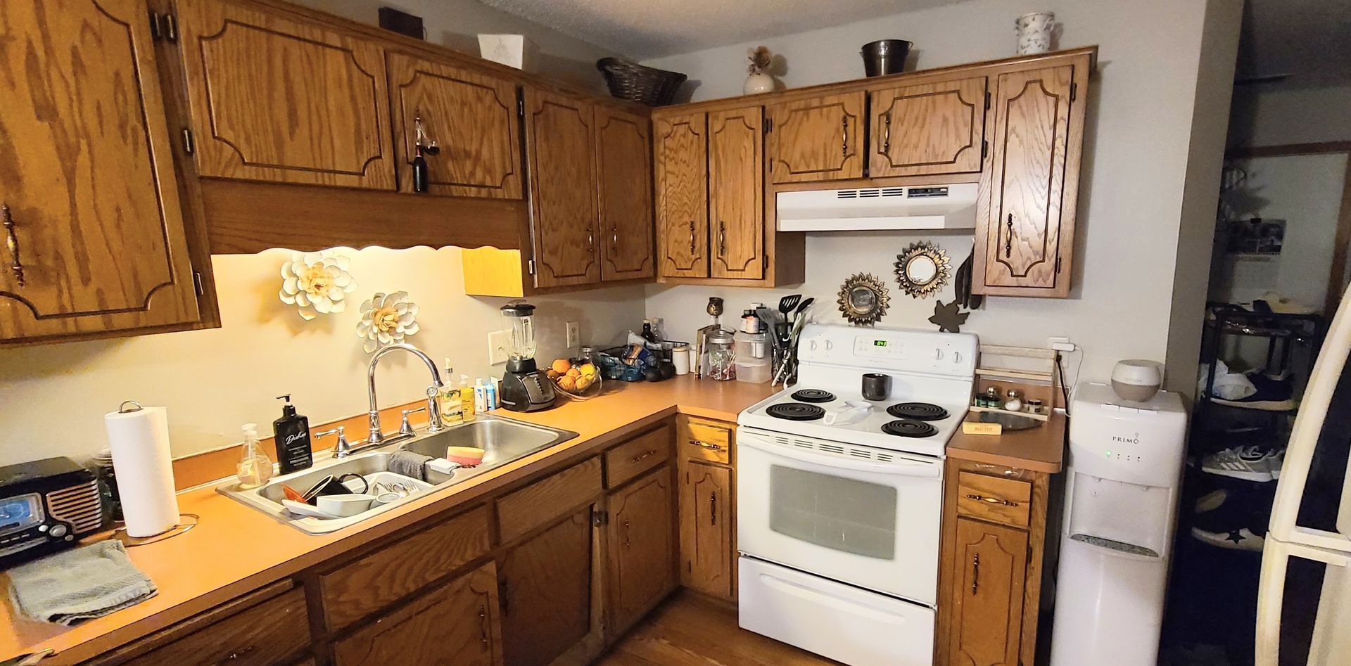 Wooden kitchen cabinets and appliances in a well-lit space.