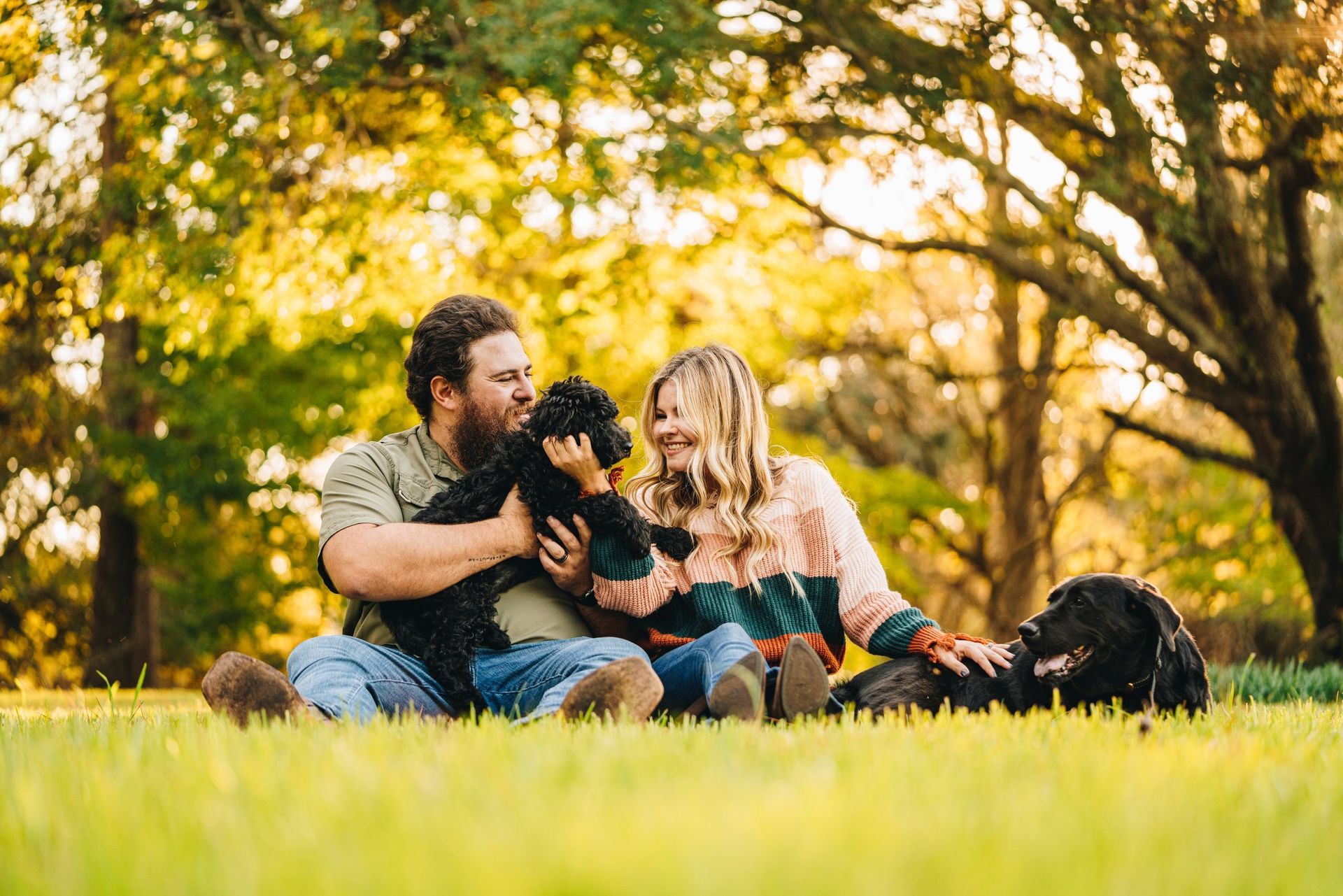 A man and a woman are sitting in the grass with their dogs.